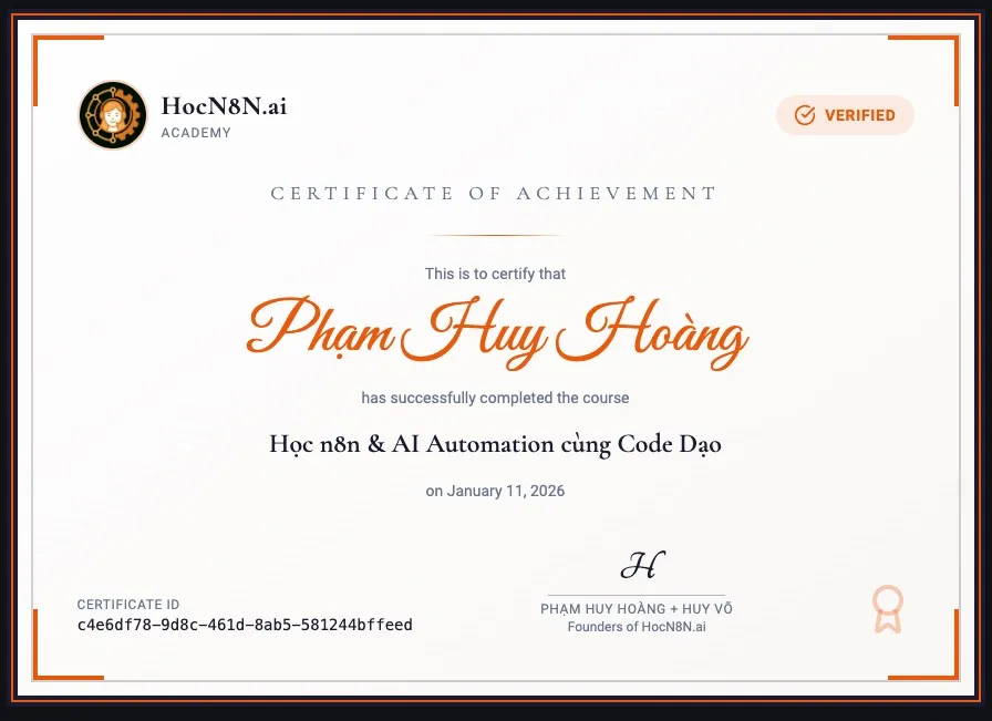 Chứng chỉ hoàn thành khóa học HocN8n